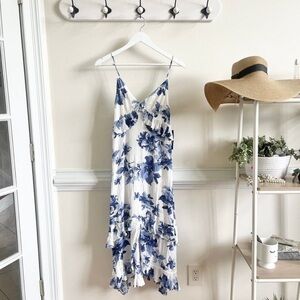 Island Time Blue and White Floral Print Ruffled Midi Dress